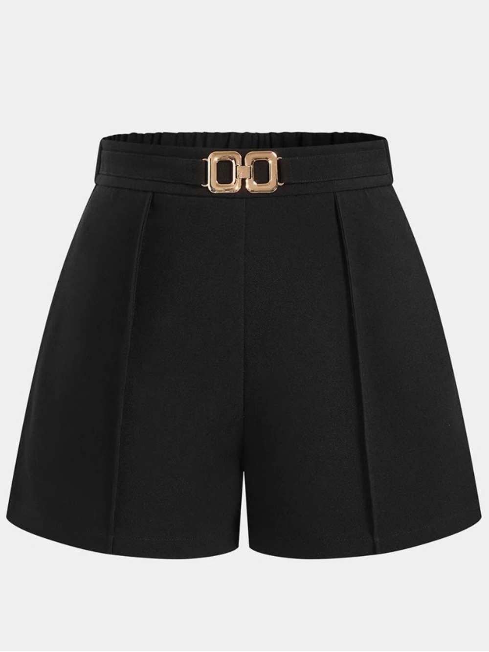 Commense Black Mid Waist Shorts with Metal Gold Buckle A-Line Shorts
